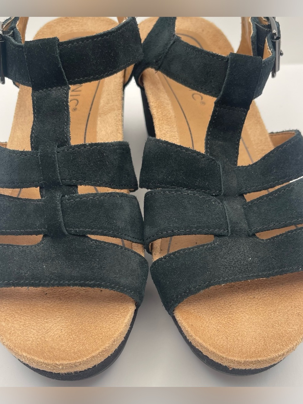 Vionic Black Suede Comfort T-Strap Platform Sandals with Adjustable Buckle - Picture 3 of 8
